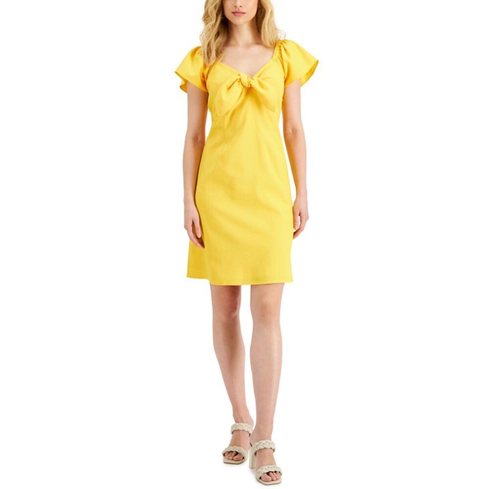 Nine West Womens Seersucker Flutter Sleeve Tie Front Dress